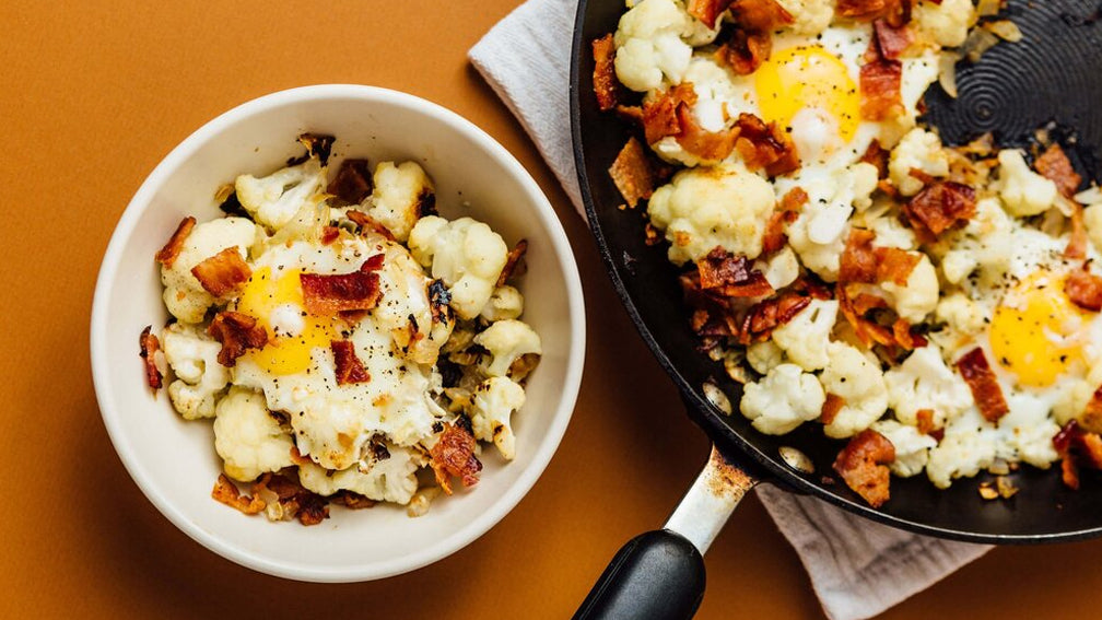 Quick + Easy Keto Breakfast: Cauliflower & Bacon Hash With Eggs